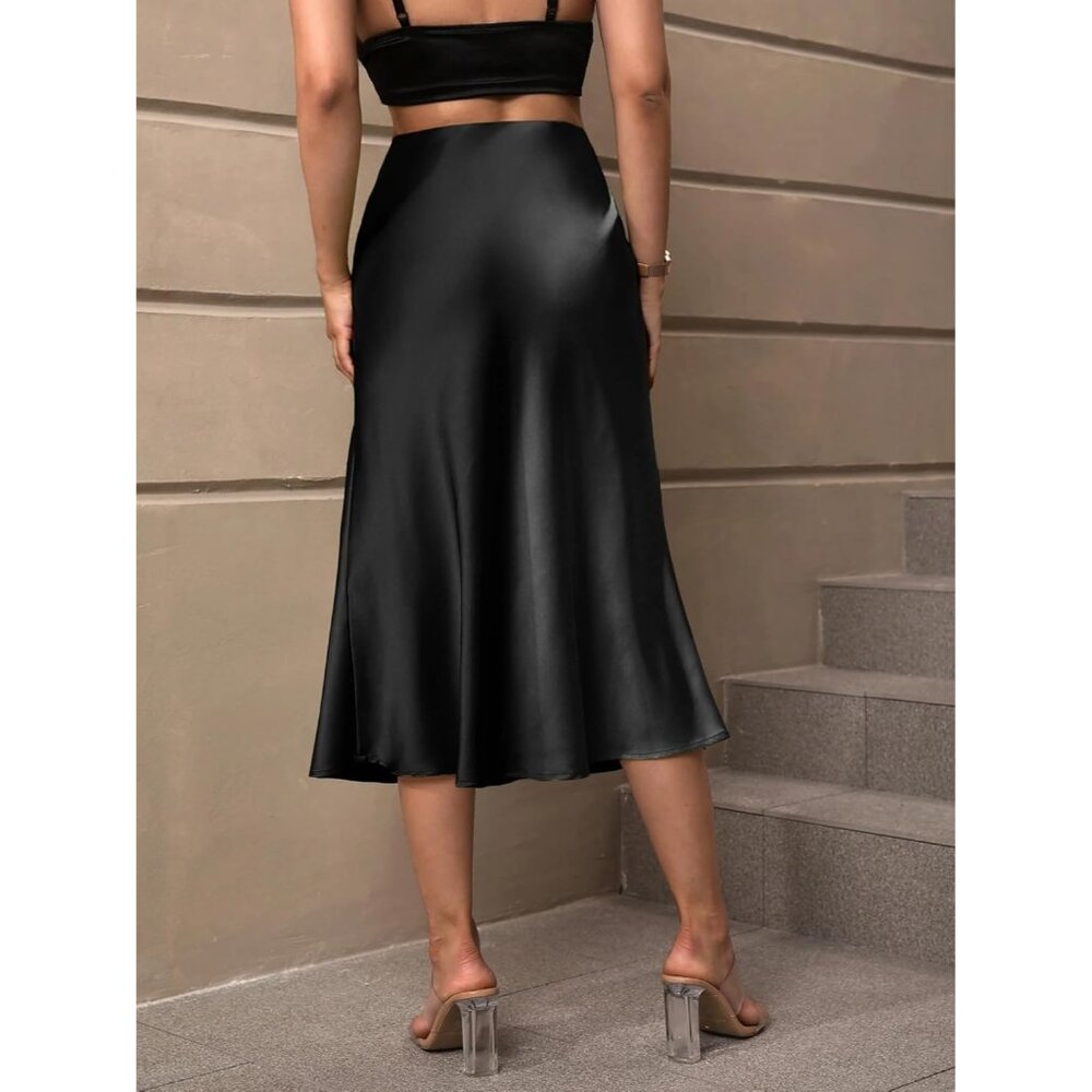 Women's Black Satin Elegant Fishtail Silk A Line Casual luxurious Midi Skirt - Picture 2 of 6